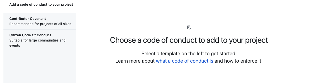 GitHub's Add a code of conduct page: Contributor Covenant and Citizen Code Of Conduct on the left, a prompt to pick one.